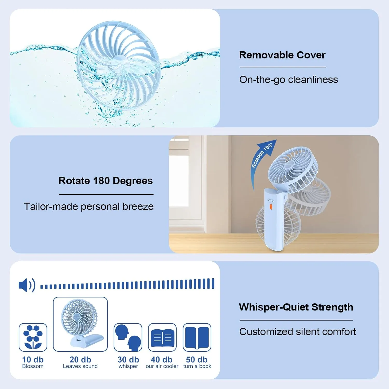 Portable Mini Fan - 3-in-1 Handheld/Desk/Neck Fan, 4 Speeds, 20H Quiet, Rechargeable Cooling Fan for Travel, Home, Office, Outdoor, Makeup - Ideal Gift for Women/Men, Blue