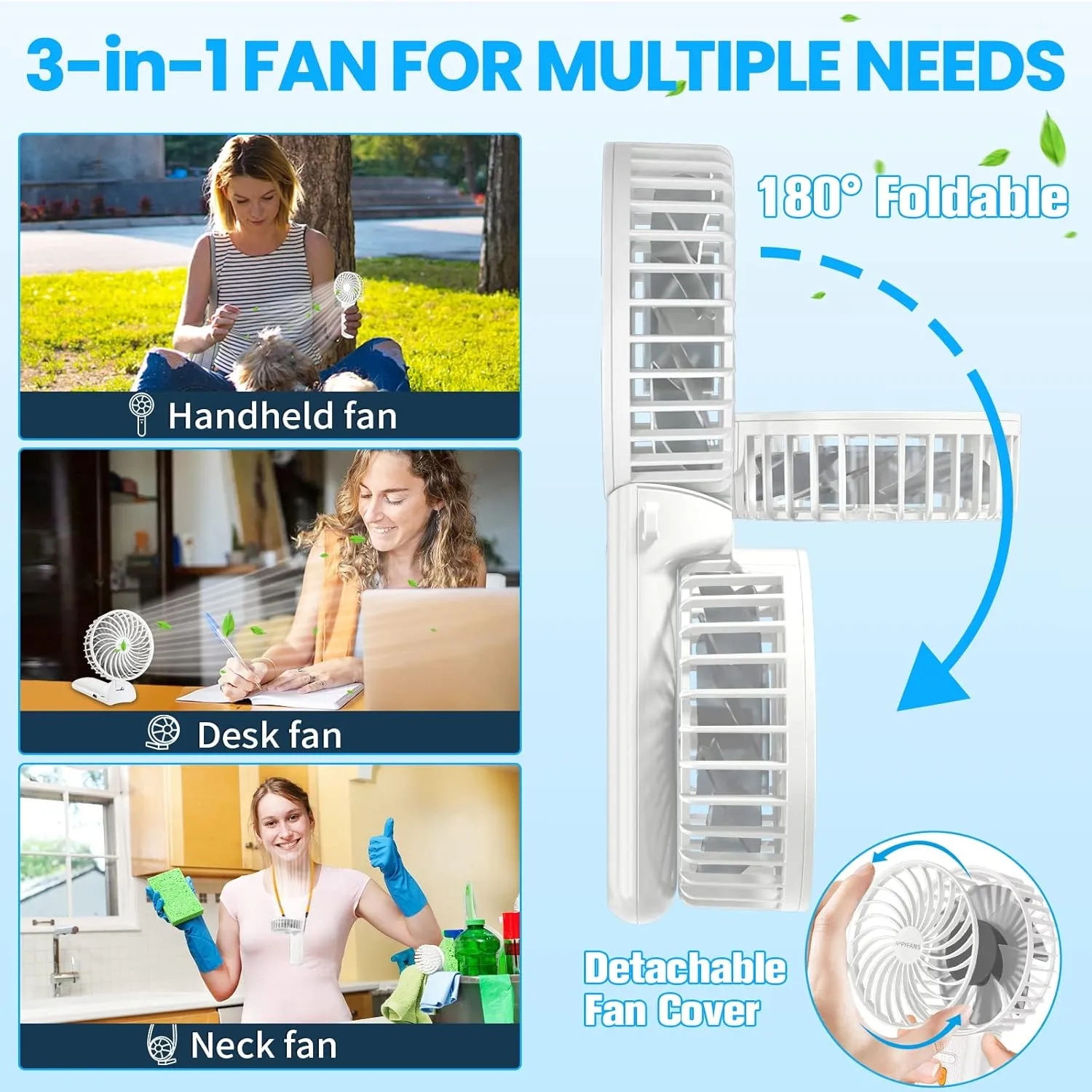 Portable Mini Fan - 3-in-1 Handheld/Desk/Neck Fan, 4 Speeds, 20H Quiet, Rechargeable Cooling Fan for Travel, Home, Office, Outdoor, Makeup - Ideal Gift for Women/Men, White