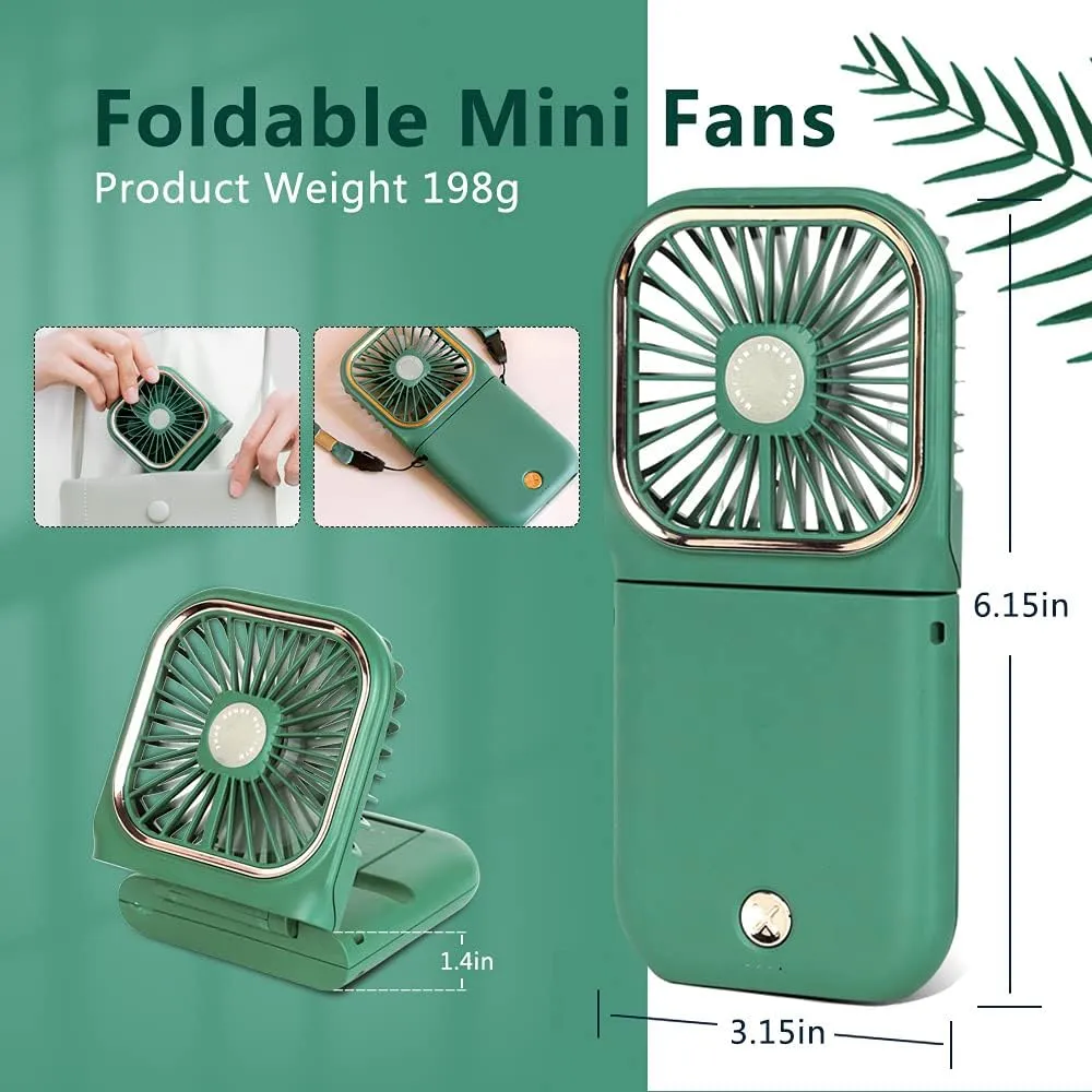 Portable Mini Fan - 5 in 1 with Phone Holder, Desk Fan, USB Rechargeable, 3000 mAh Power Bank, 3 Speed Adjustable, Neck Lanyard, Green