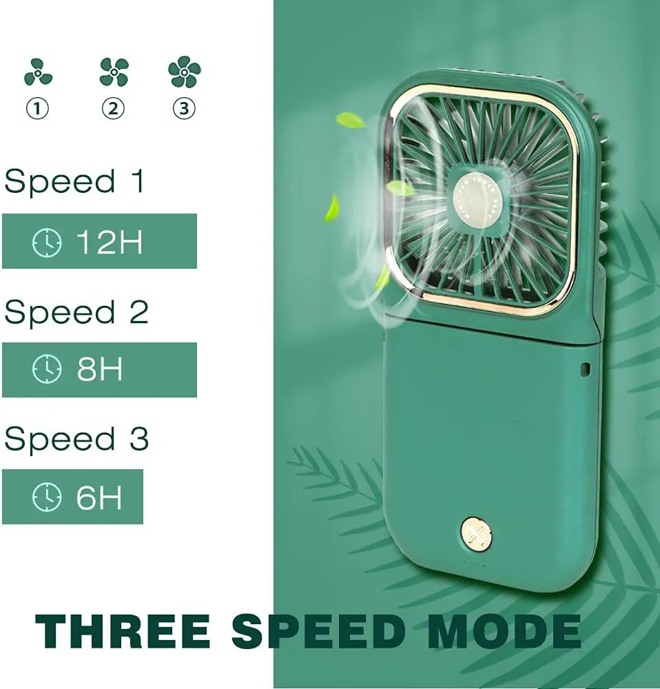 Portable Mini Fan - 5 in 1 with Phone Holder, Desk Fan, USB Rechargeable, 3000 mAh Power Bank, 3 Speed Adjustable, Neck Lanyard, Green