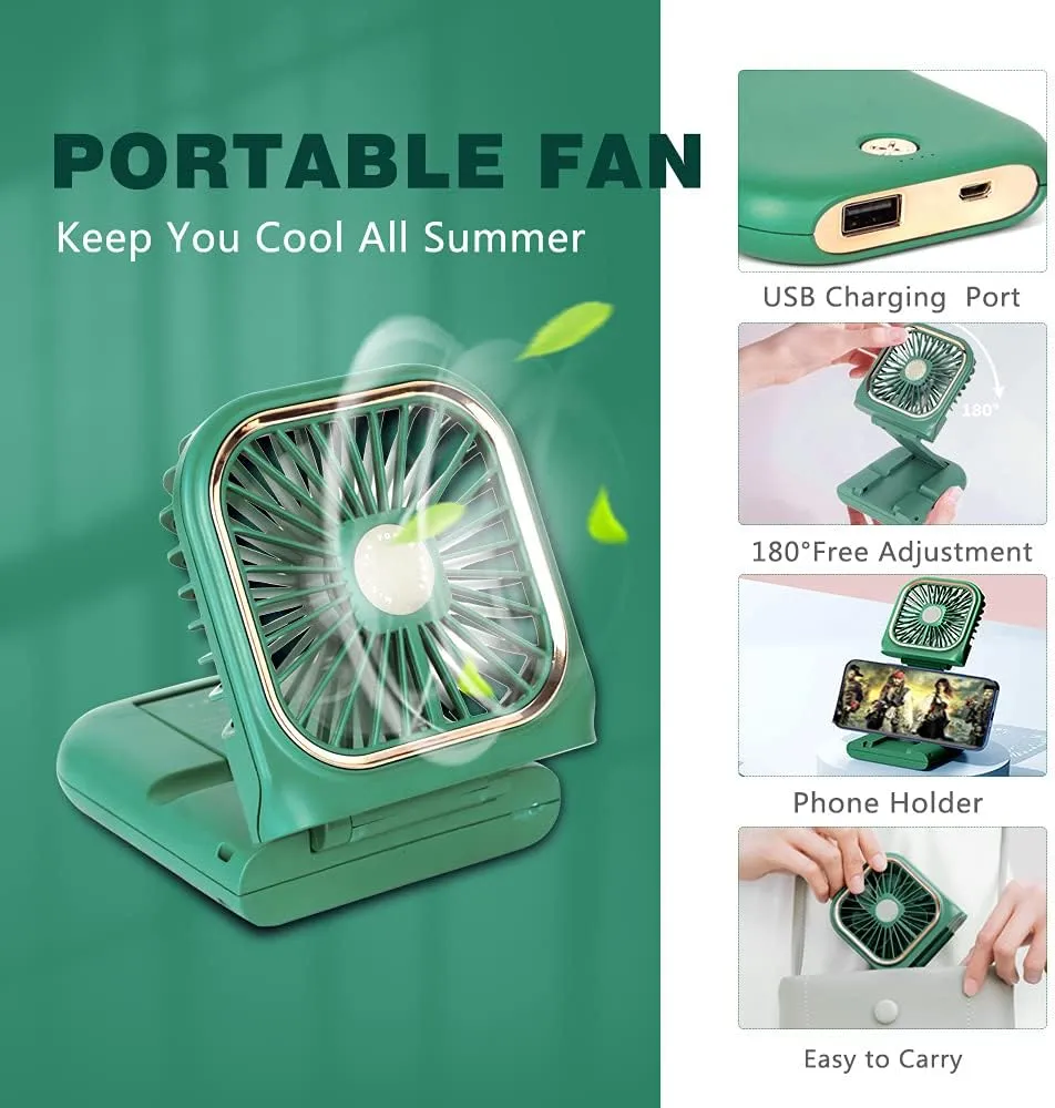Portable Mini Fan - 5 in 1 with Phone Holder, Desk Fan, USB Rechargeable, 3000 mAh Power Bank, 3 Speed Adjustable, Neck Lanyard, Green