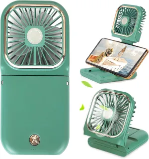 Portable Mini Fan - 5 in 1 with Phone Holder, Desk Fan, USB Rechargeable, 3000 mAh Power Bank, 3 Speed Adjustable, Neck Lanyard, Green Mini handheld fan for personal cooling