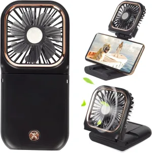 Portable Mini Fan - 5 in 1 with Power Bank, Phone Holder, Handheld & Desk Fan - USB Rechargeable, 3000 mAh Power Bank, 3 Speed Adjustable, Neck Lanyard - Black Mini handheld fan for personal cooling
