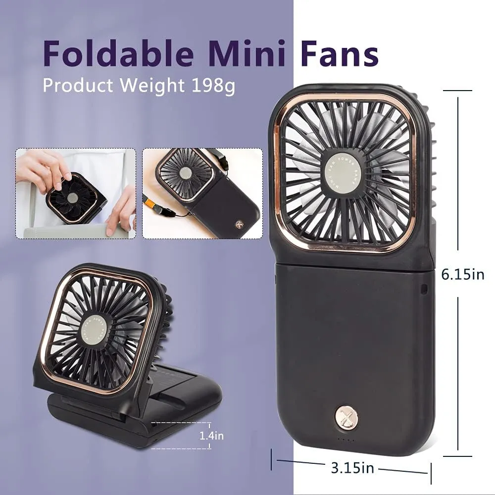 Portable Mini Fan - 5 in 1 with Power Bank, Phone Holder, Handheld & Desk Fan - USB Rechargeable, 3000 mAh Power Bank, 3 Speed Adjustable, Neck Lanyard - Black
