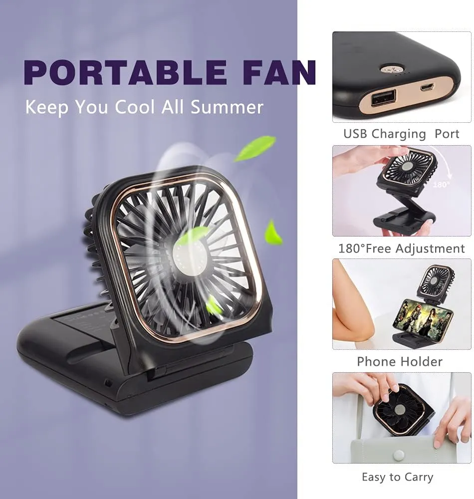 Portable Mini Fan - 5 in 1 with Power Bank, Phone Holder, Handheld & Desk Fan - USB Rechargeable, 3000 mAh Power Bank, 3 Speed Adjustable, Neck Lanyard - Black