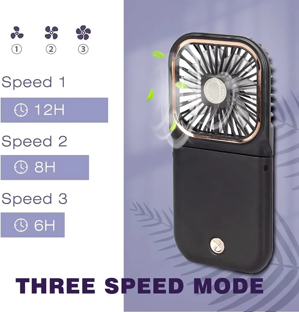 Portable Mini Fan - 5 in 1 with Power Bank, Phone Holder, Handheld & Desk Fan - USB Rechargeable, 3000 mAh Power Bank, 3 Speed Adjustable, Neck Lanyard - Black