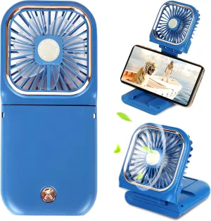 Portable Mini Fan - 5 in 1 with Power Bank, Phone Holder, Handheld & Desk Fan - USB Rechargeable, 3000mAh Power Bank, 3 Speed Adjustable, Neck Lanyard, Blue Mini handheld fan for personal cooling