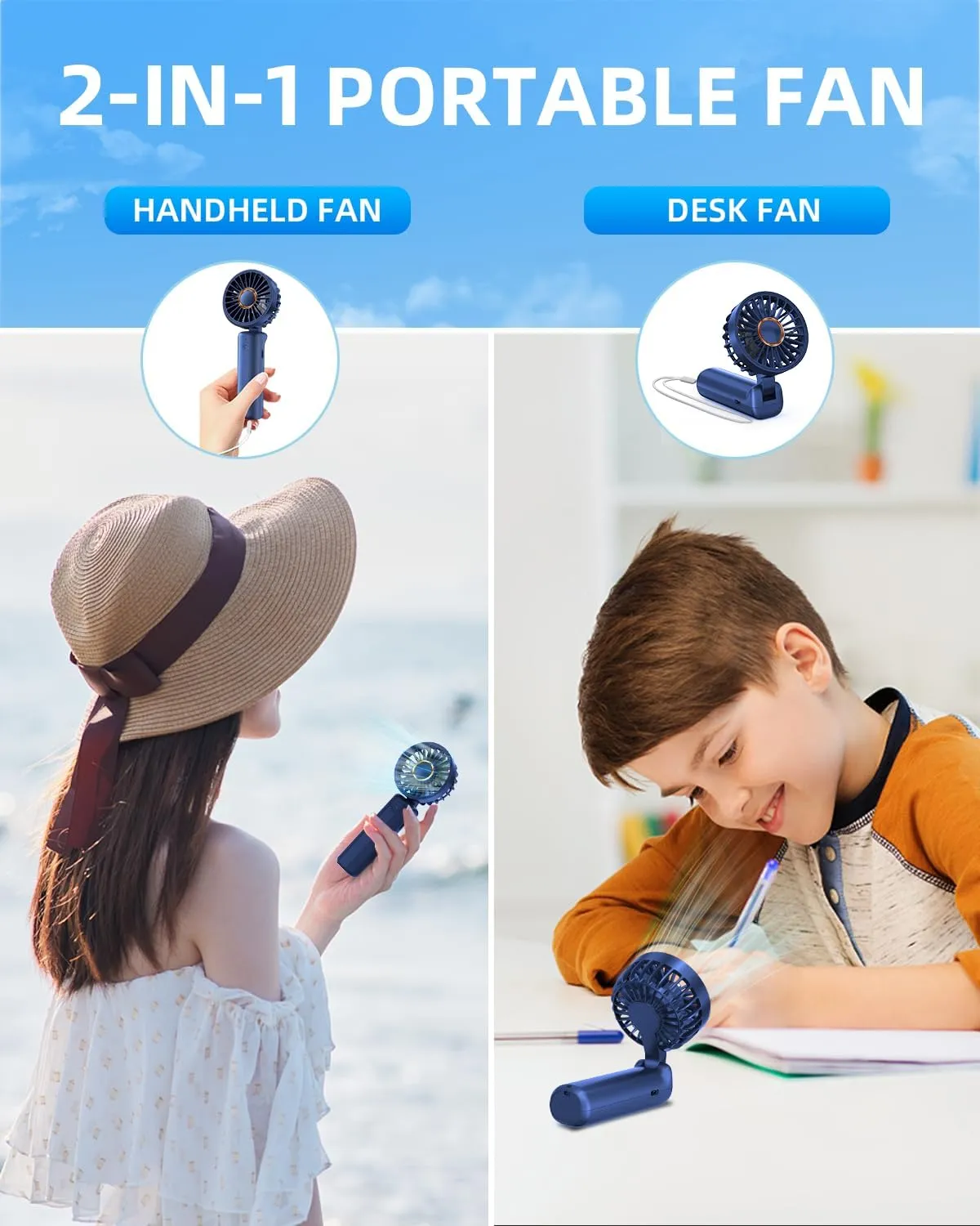 Portable Mini Fan, Handheld Fan, Small Desk Fans 180 Adjustable, 3-8 Hours Working Time, 3 Speeds, 2000mAh Battery Operated Fans USB Rechargeable for Indoor Outdoor Travel