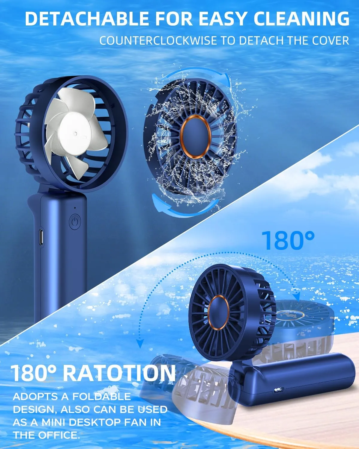 Portable Mini Fan, Handheld Fan, Small Desk Fans 180 Adjustable, 3-8 Hours Working Time, 3 Speeds, 2000mAh Battery Operated Fans USB Rechargeable for Indoor Outdoor Travel