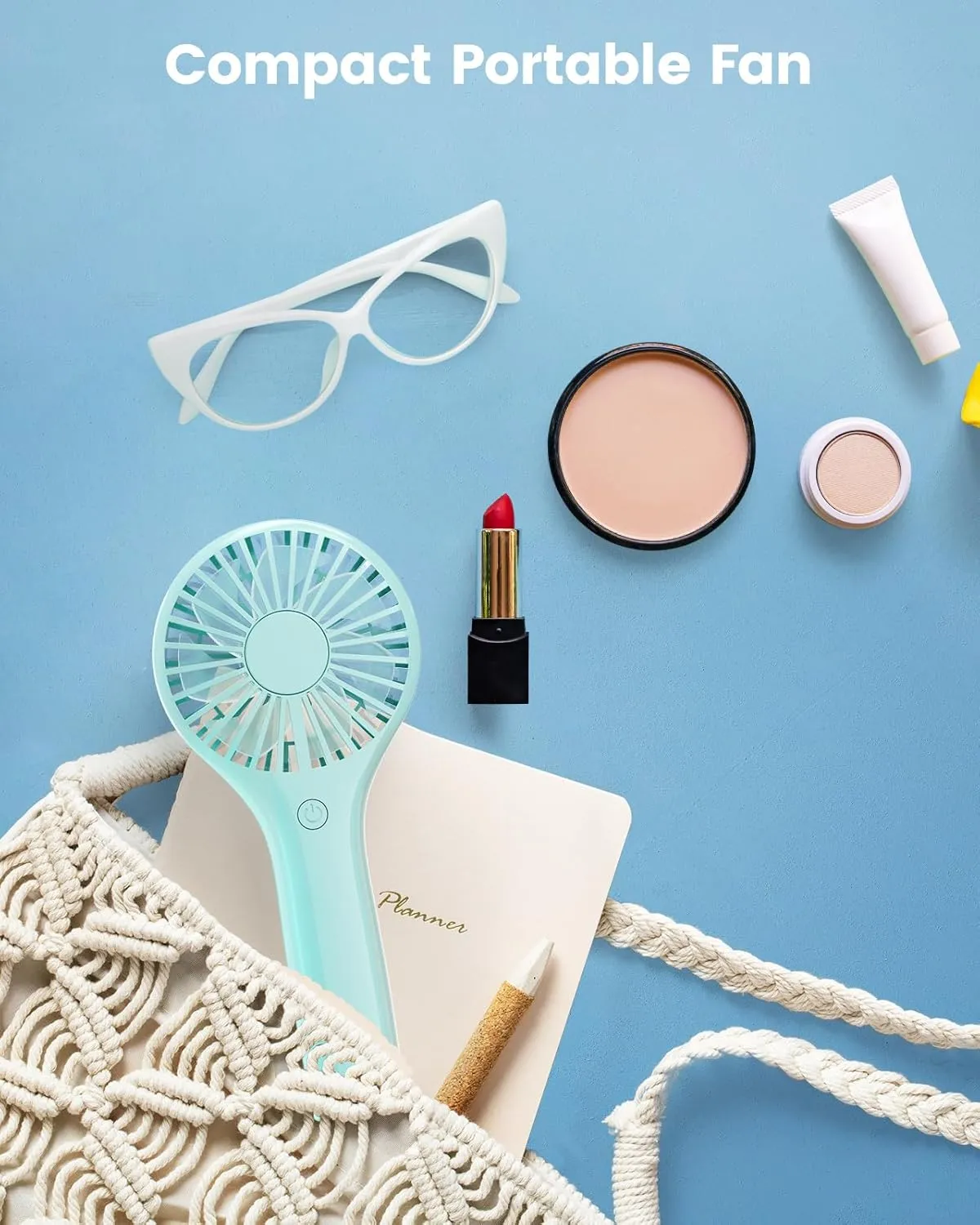 Portable Mini Fan - Powerful Personal Handheld Fan with 3 Speeds, Cute and Small, USB Rechargeable for Travel/Lash/Makeup/Outdoor/Home, Blue