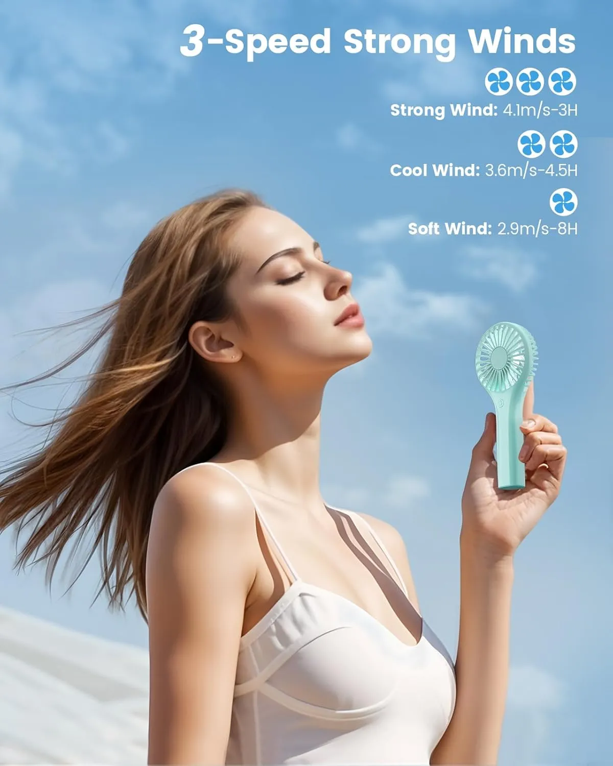Portable Mini Fan - Powerful Personal Handheld Fan with 3 Speeds, Cute and Small, USB Rechargeable for Travel/Lash/Makeup/Outdoor/Home, Blue