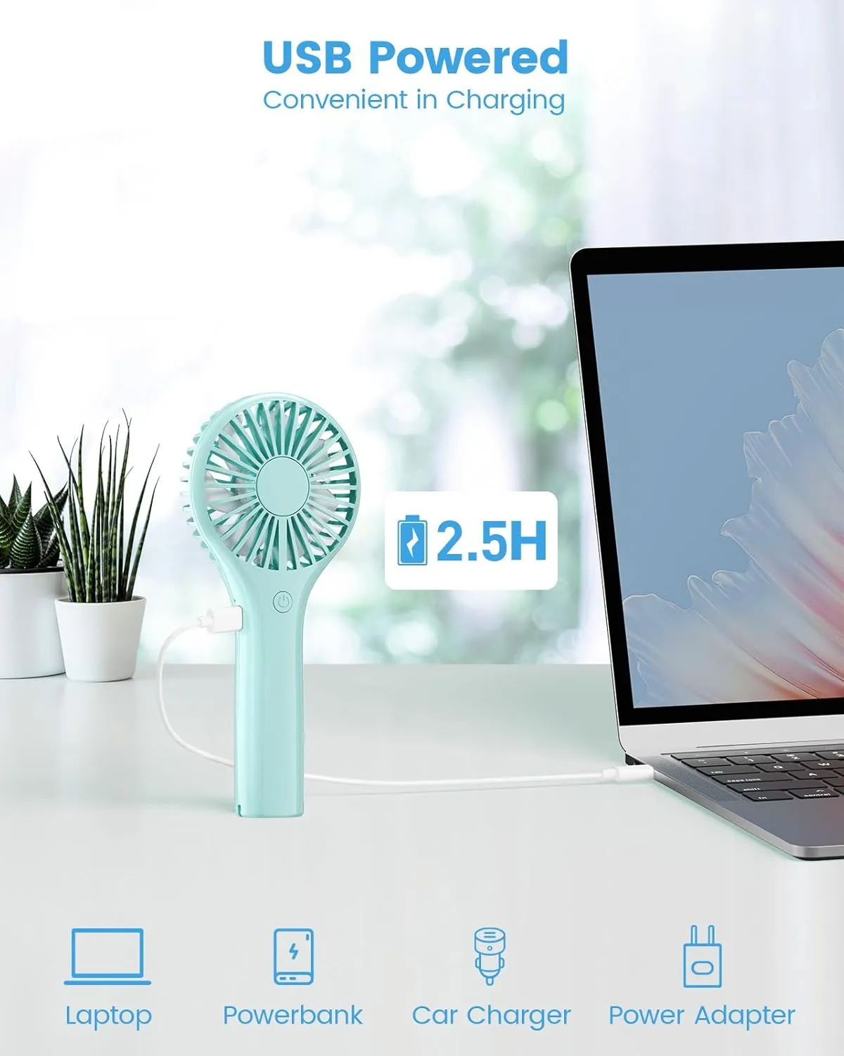 Portable Mini Fan - Powerful Personal Handheld Fan with 3 Speeds, Cute and Small, USB Rechargeable for Travel/Lash/Makeup/Outdoor/Home, Blue