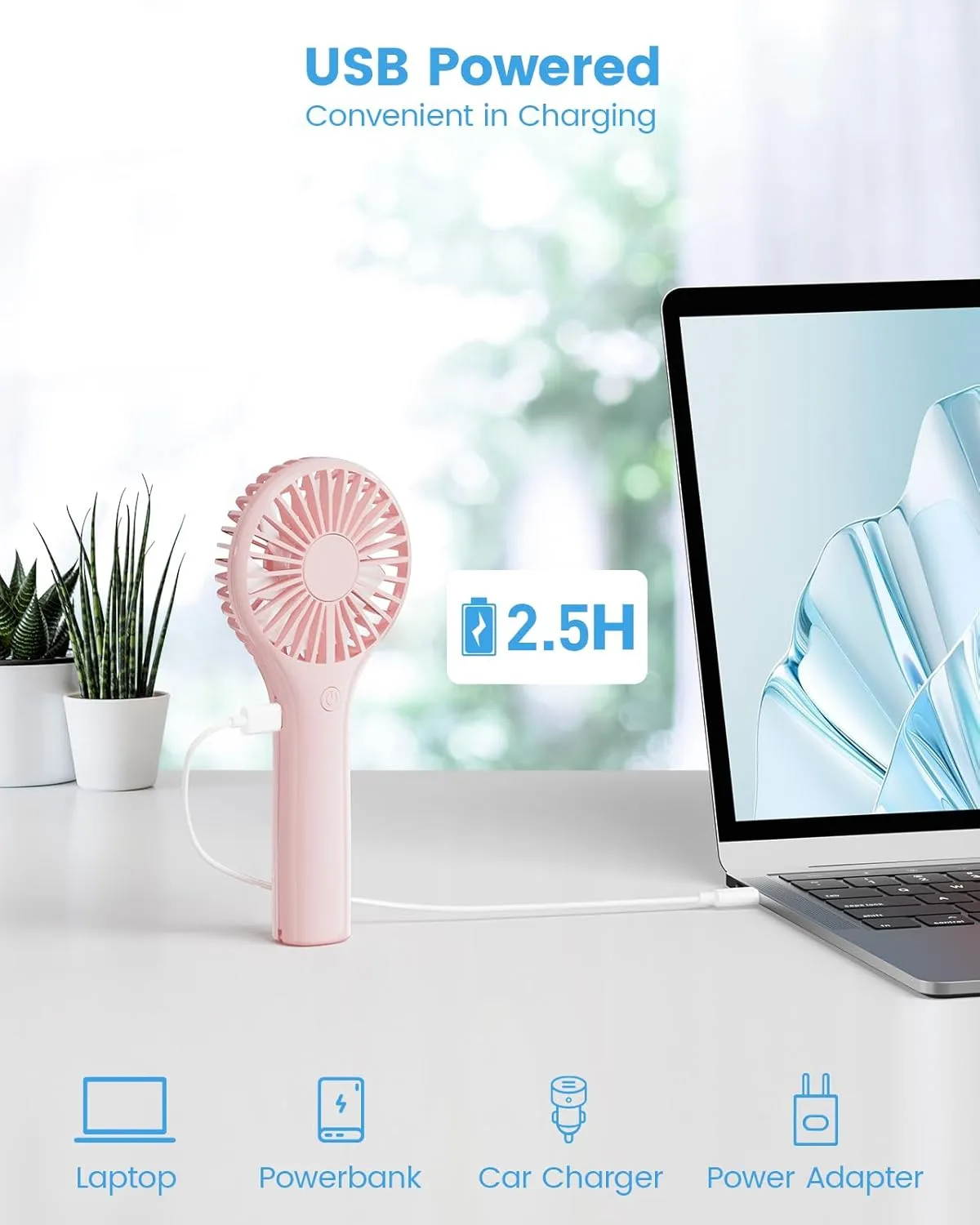 Portable Mini Fan - Powerful Personal Handheld Fan with 3 Speeds, Cute and Small, USB Rechargeable for Travel/Lash/Makeup/Outdoor/Home, Pink