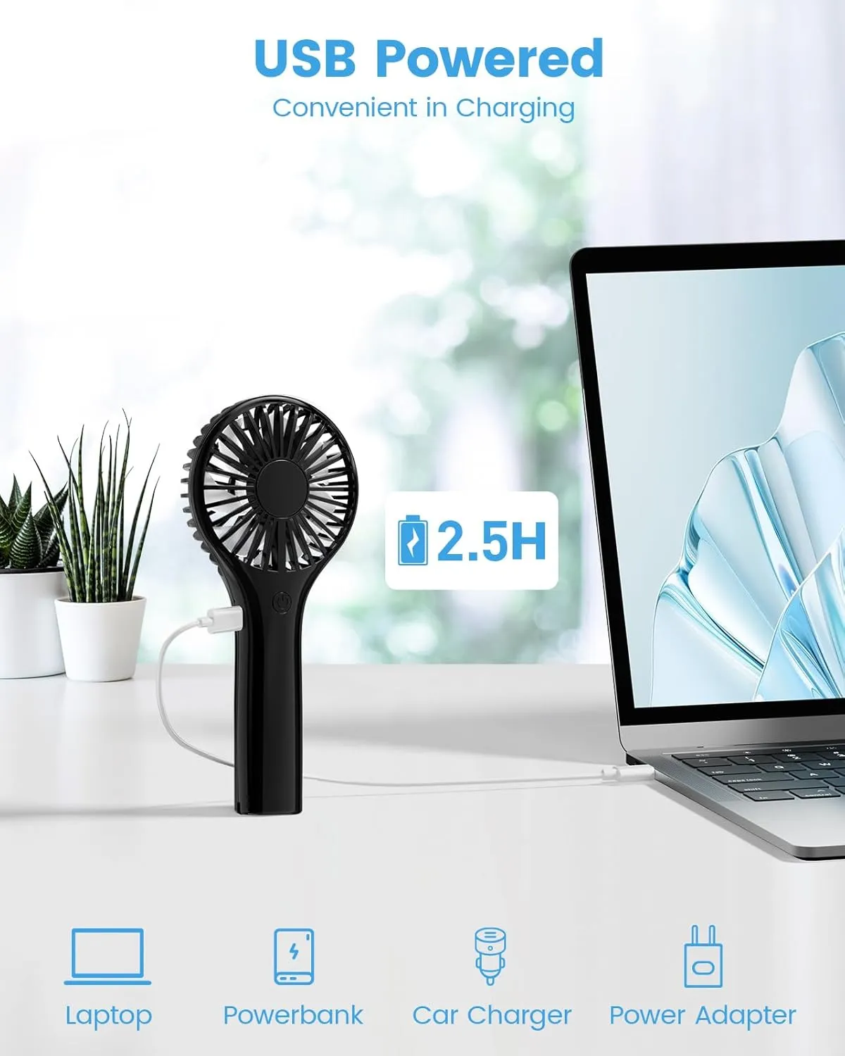 Portable Mini Fan - Powerful Personal Handheld Fan with 3 Speeds, Cute and Small, USB Rechargeable for Travel/Lash/Makeup/Outdoor/Home,Black