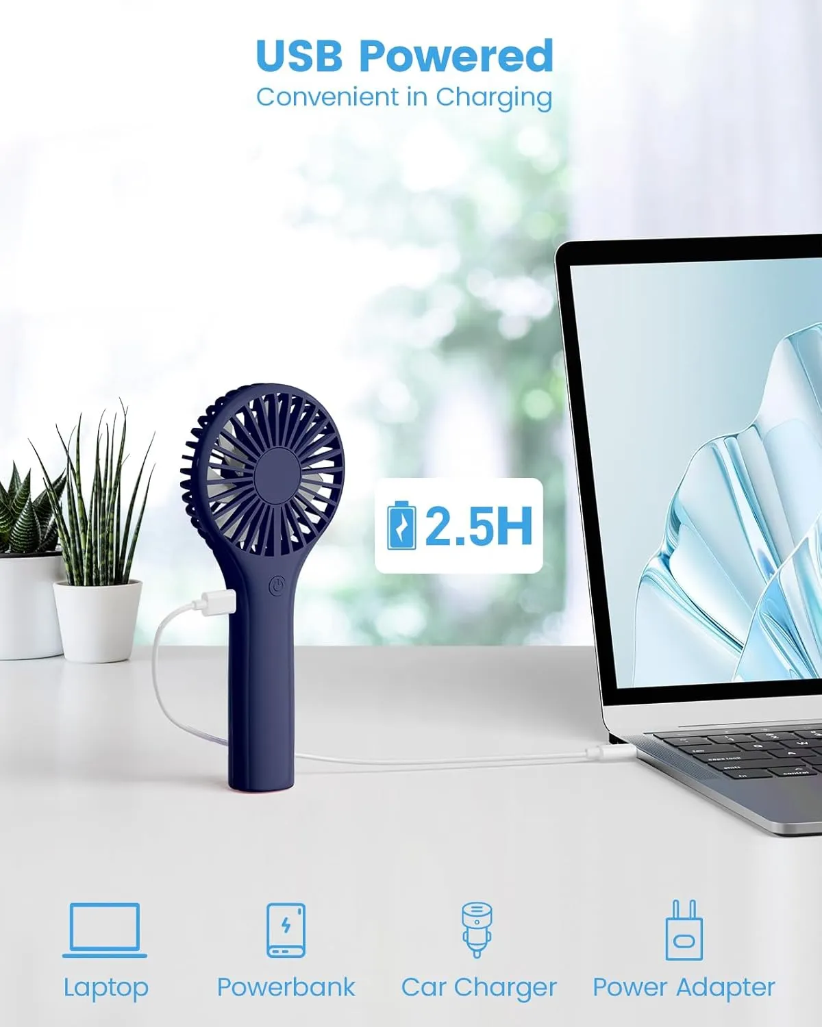 Portable Mini Fan - Powerful Personal Handheld Fan with 3 Speeds, Cute and Small, USB Rechargeable for Travel/Lash/Makeup/Outdoor/Home,Dark Blue