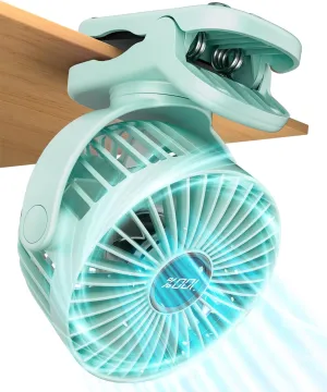 Portable Mini Fan Rechargeable Battery Powered, Small Stroller Fan for Desk, Strong Clamp Grip, 360 Rotation, 3-Speed, LED Display, Personal Clip On Cooler for Bed, Golf Cart, Office, Aqua Battery-powered portable fan