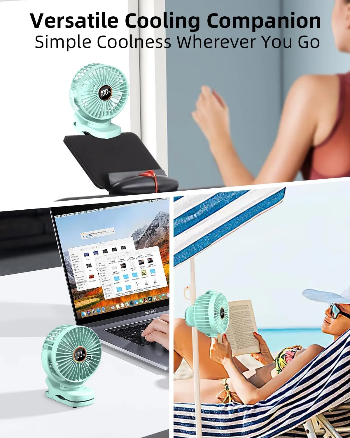 Portable Mini Fan Rechargeable Battery Powered, Small Stroller Fan for Desk, Strong Clamp Grip, 360 Rotation, 3-Speed, LED Display, Personal Clip On Cooler for Bed, Golf Cart, Office, Aqua