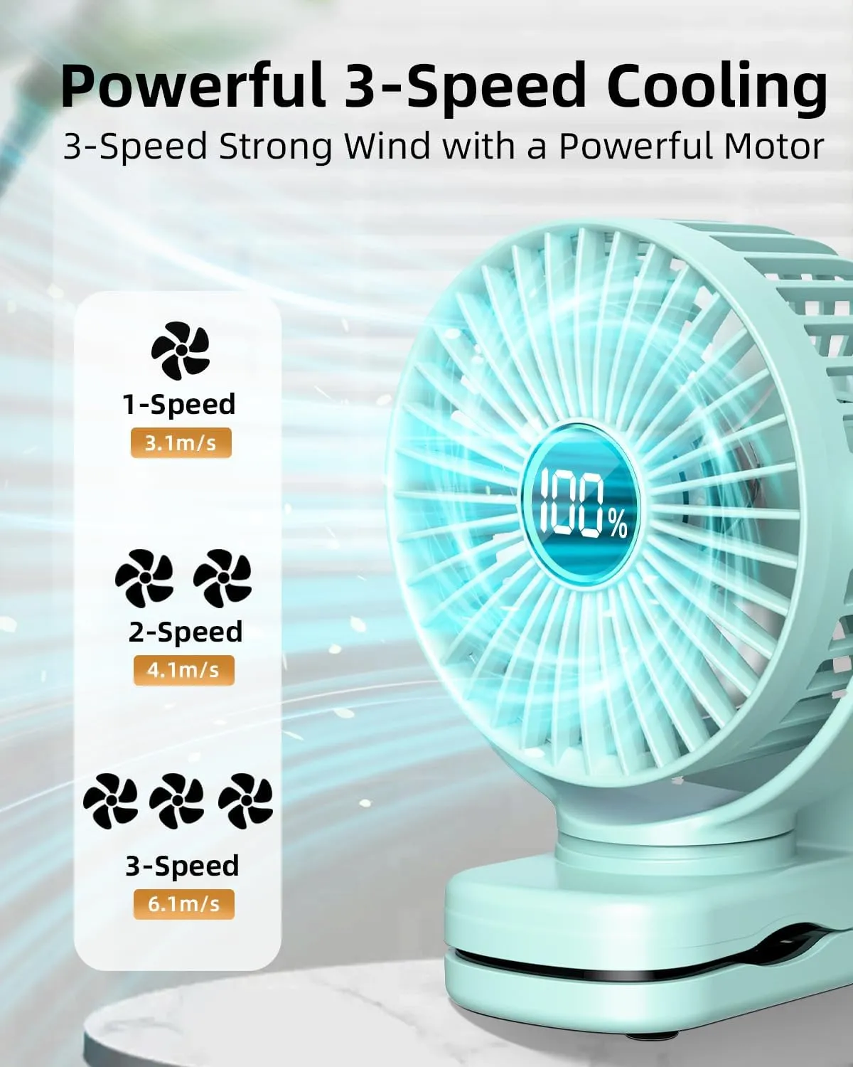 Portable Mini Fan Rechargeable Battery Powered, Small Stroller Fan for Desk, Strong Clamp Grip, 360 Rotation, 3-Speed, LED Display, Personal Clip On Cooler for Bed, Golf Cart, Office, Aqua