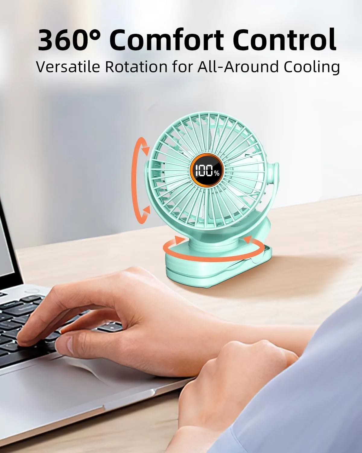 Portable Mini Fan Rechargeable Battery Powered, Small Stroller Fan for Desk, Strong Clamp Grip, 360 Rotation, 3-Speed, LED Display, Personal Clip On Cooler for Bed, Golf Cart, Office, Aqua