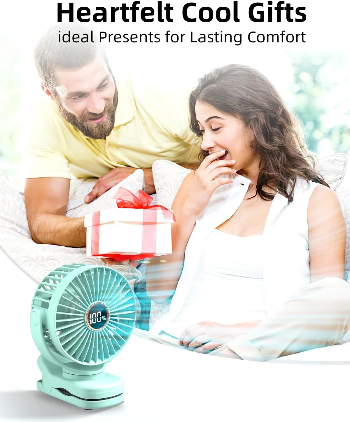 Portable Mini Fan Rechargeable Battery Powered, Small Stroller Fan for Desk, Strong Clamp Grip, 360 Rotation, 3-Speed, LED Display, Personal Clip On Cooler for Bed, Golf Cart, Office, Aqua