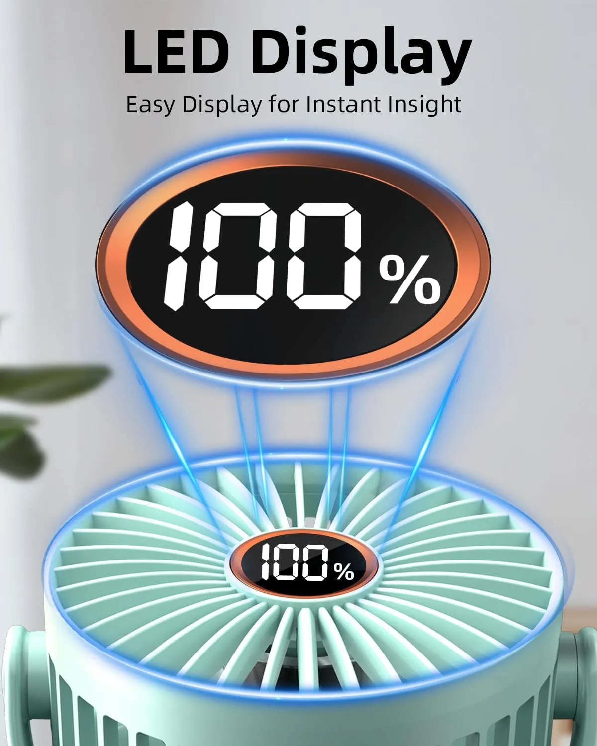 Portable Mini Fan Rechargeable Battery Powered, Small Stroller Fan for Desk, Strong Clamp Grip, 360 Rotation, 3-Speed, LED Display, Personal Clip On Cooler for Bed, Golf Cart, Office, Aqua
