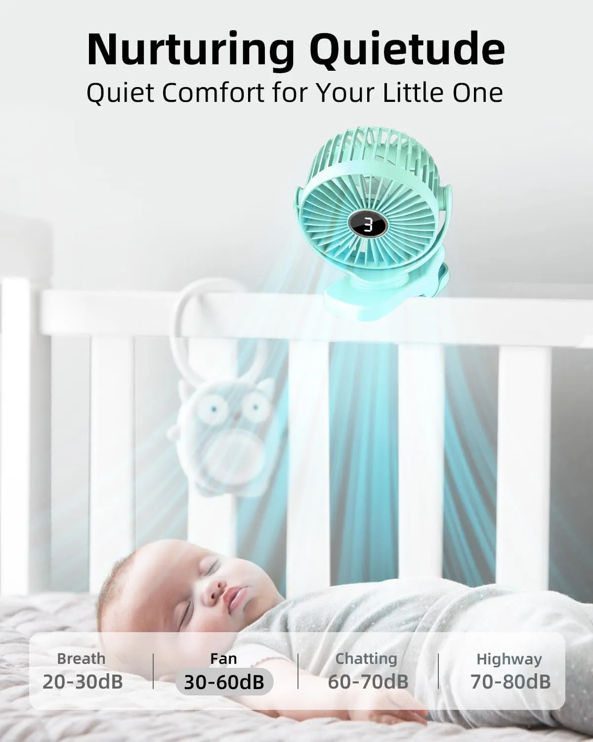 Portable Mini Fan Rechargeable Battery Powered, Small Stroller Fan for Desk, Strong Clamp Grip, 360 Rotation, 3-Speed, LED Display, Personal Clip On Cooler for Bed, Golf Cart, Office, Aqua