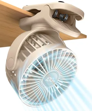 Portable Mini Fan Rechargeable Battery Powered, Small Stroller Fan for Desk, Strong Clamp Grip, 360 Rotation, 3-Speed, LED Display, Personal Clip On Cooler for Bed, Golf Cart, Office, Beige Battery-powered portable fan