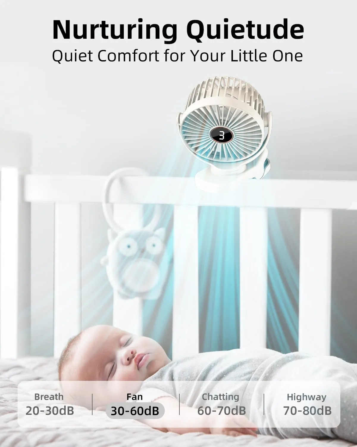 Portable Mini Fan Rechargeable Battery Powered, Small Stroller Fan for Desk, Strong Clamp Grip, 360 Rotation, 3-Speed, LED Display, Personal Clip On Cooler for Bed, Golf Cart, Office, Beige