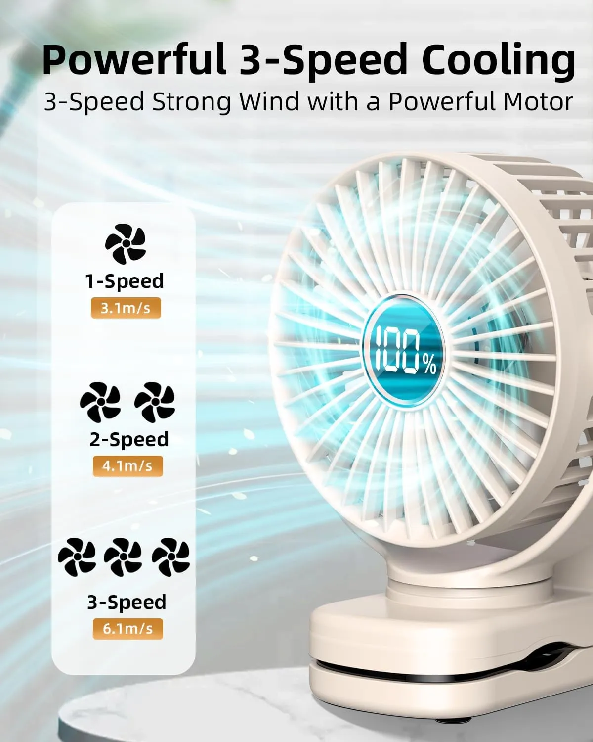 Portable Mini Fan Rechargeable Battery Powered, Small Stroller Fan for Desk, Strong Clamp Grip, 360 Rotation, 3-Speed, LED Display, Personal Clip On Cooler for Bed, Golf Cart, Office, Beige