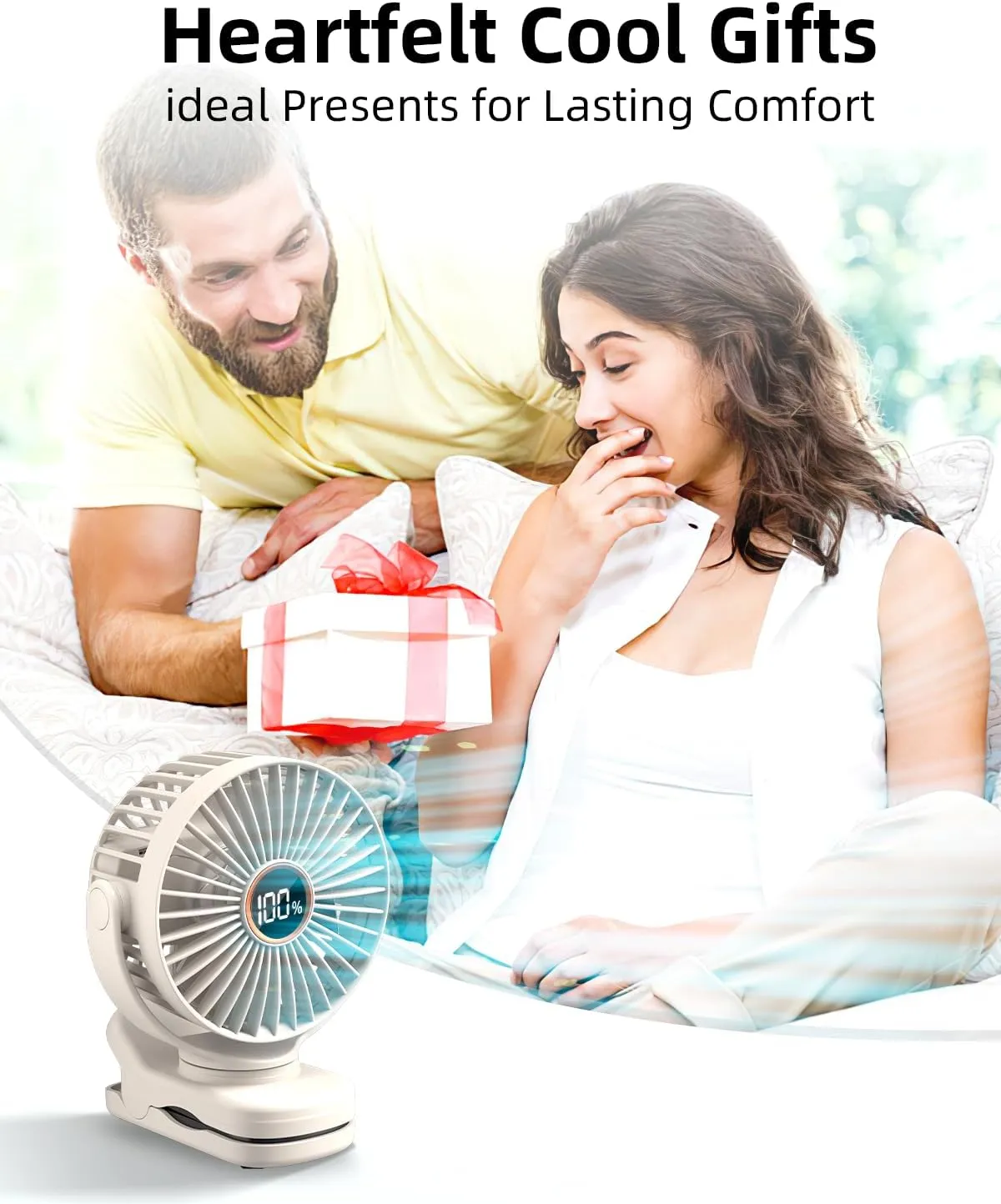 Portable Mini Fan Rechargeable Battery Powered, Small Stroller Fan for Desk, Strong Clamp Grip, 360 Rotation, 3-Speed, LED Display, Personal Clip On Cooler for Bed, Golf Cart, Office, Beige