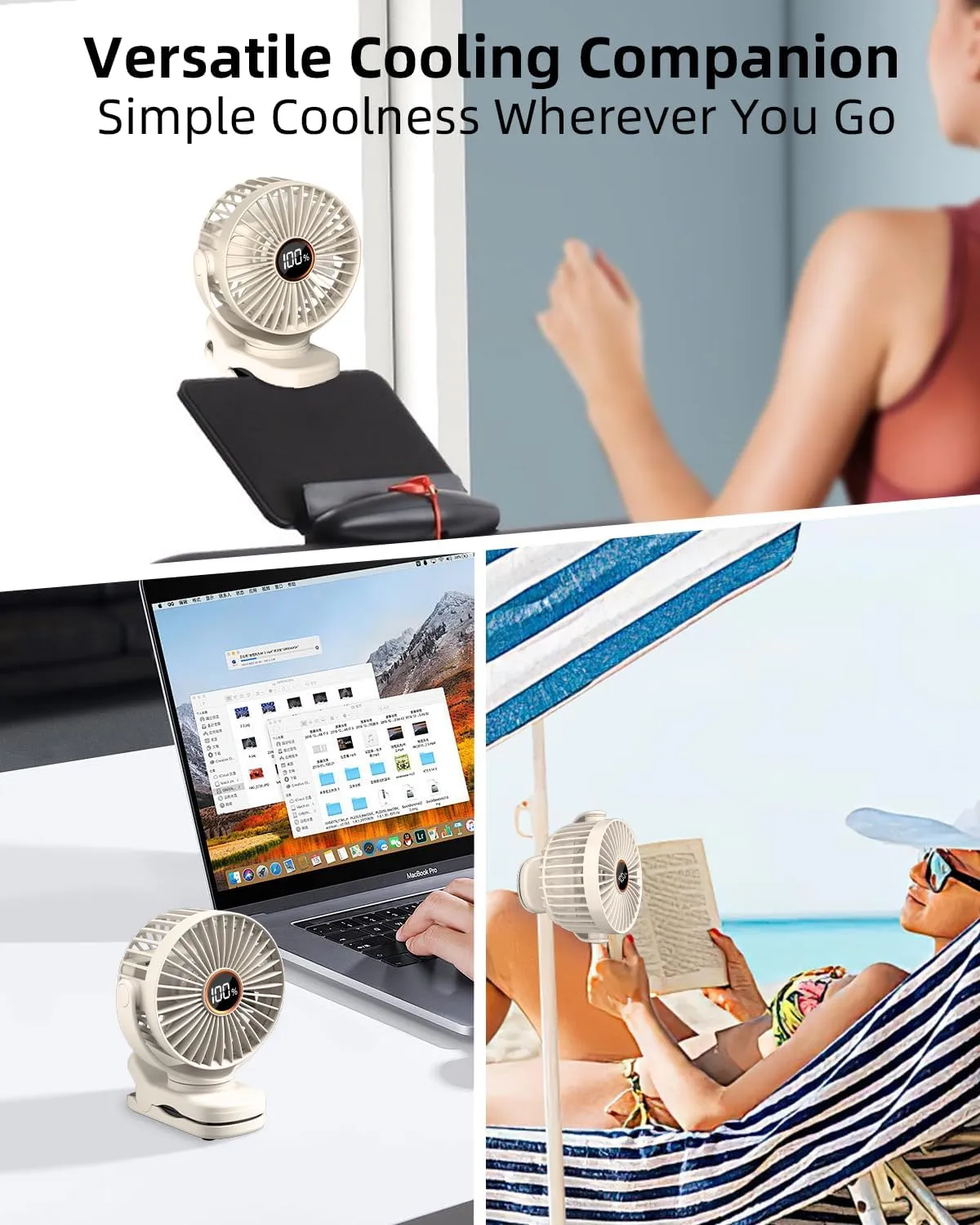 Portable Mini Fan Rechargeable Battery Powered, Small Stroller Fan for Desk, Strong Clamp Grip, 360 Rotation, 3-Speed, LED Display, Personal Clip On Cooler for Bed, Golf Cart, Office, Beige