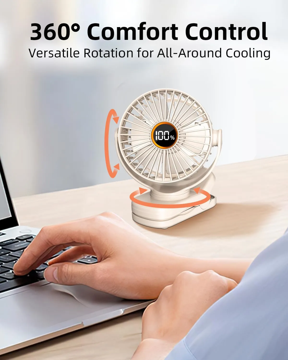 Portable Mini Fan Rechargeable Battery Powered, Small Stroller Fan for Desk, Strong Clamp Grip, 360 Rotation, 3-Speed, LED Display, Personal Clip On Cooler for Bed, Golf Cart, Office, Beige