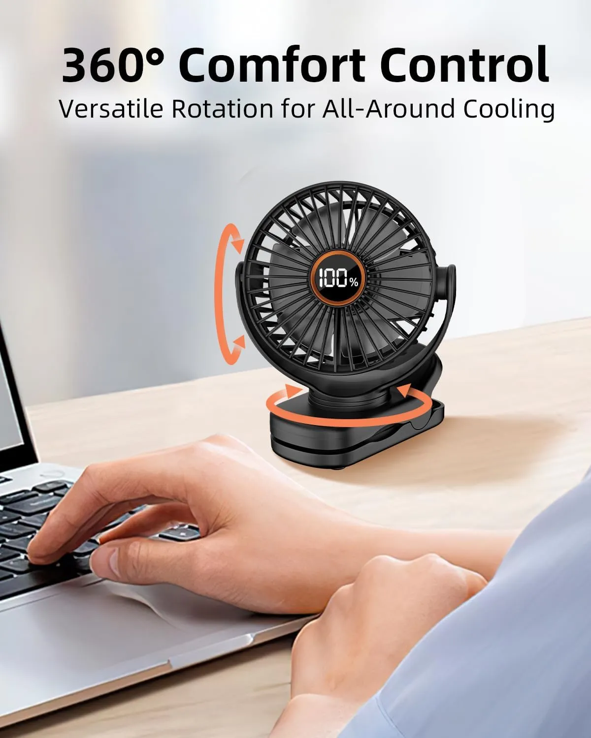 Portable Mini Fan Rechargeable Battery Powered, Small Stroller Fan for Desk, Strong Clamp Grip, 360 Rotation, 3-Speed, LED Display, Personal Clip On Cooler for Bed, Golf Cart, Office, Black