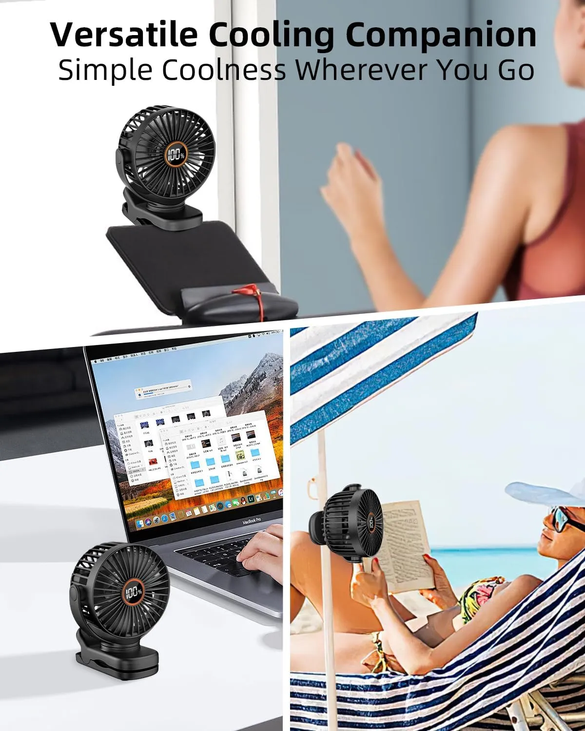 Portable Mini Fan Rechargeable Battery Powered, Small Stroller Fan for Desk, Strong Clamp Grip, 360 Rotation, 3-Speed, LED Display, Personal Clip On Cooler for Bed, Golf Cart, Office, Black