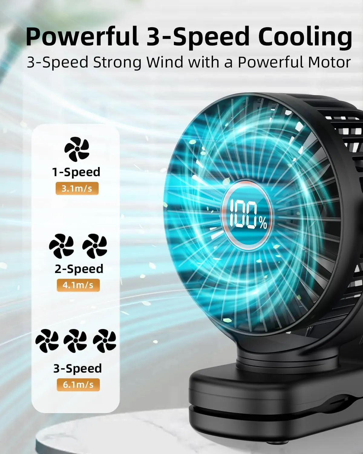 Portable Mini Fan Rechargeable Battery Powered, Small Stroller Fan for Desk, Strong Clamp Grip, 360 Rotation, 3-Speed, LED Display, Personal Clip On Cooler for Bed, Golf Cart, Office, Black