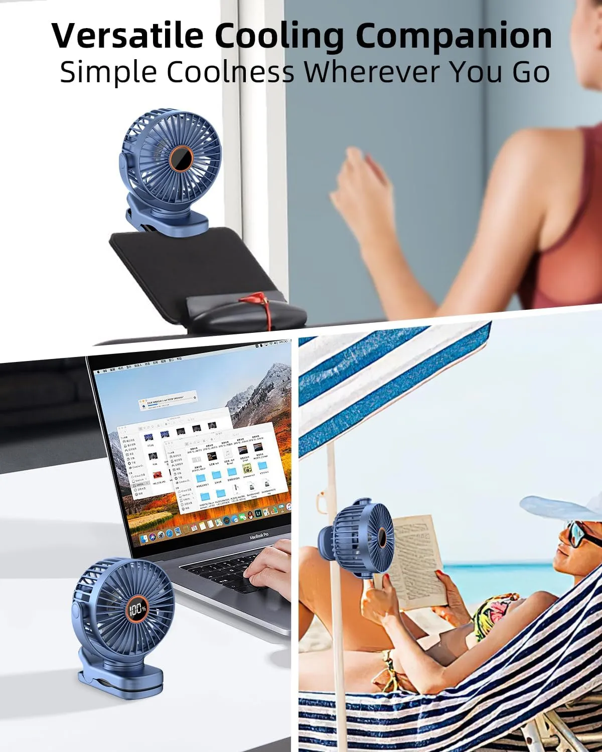 Portable Mini Fan Rechargeable Battery Powered, Small Stroller Fan for Desk, Strong Clamp Grip, 360 Rotation, 3-Speed, LED Display, Personal Clip On Cooler for Bed, Golf Cart, Office, Blue