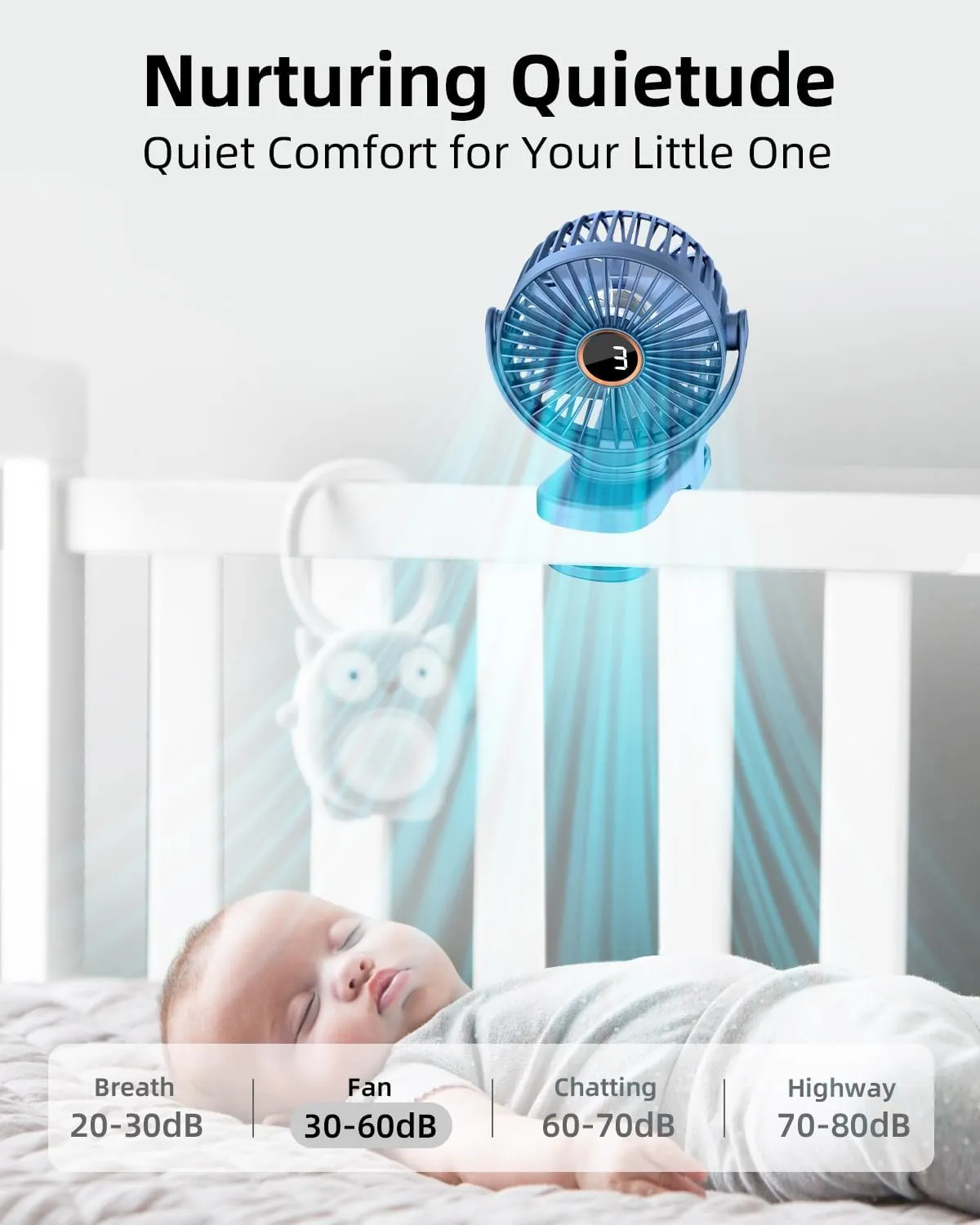 Portable Mini Fan Rechargeable Battery Powered, Small Stroller Fan for Desk, Strong Clamp Grip, 360 Rotation, 3-Speed, LED Display, Personal Clip On Cooler for Bed, Golf Cart, Office, Blue
