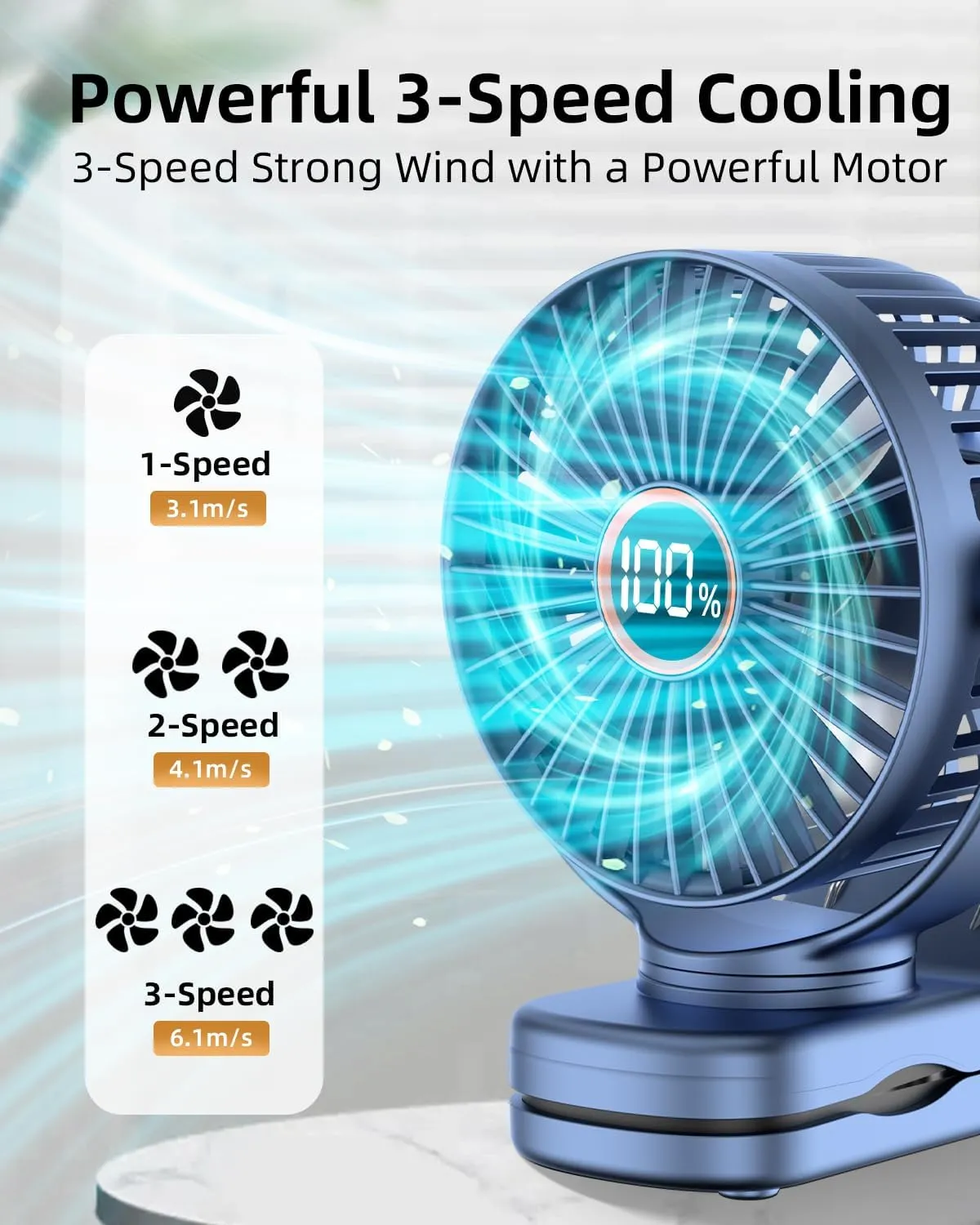 Portable Mini Fan Rechargeable Battery Powered, Small Stroller Fan for Desk, Strong Clamp Grip, 360 Rotation, 3-Speed, LED Display, Personal Clip On Cooler for Bed, Golf Cart, Office, Blue