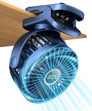 Portable Mini Fan Rechargeable Battery Powered, Small Stroller Fan for Desk, Strong Clamp Grip, 360 Rotation, 3-Speed, LED Display, Personal Clip On Cooler for Bed, Golf Cart, Office, Blue Battery-powered portable fan