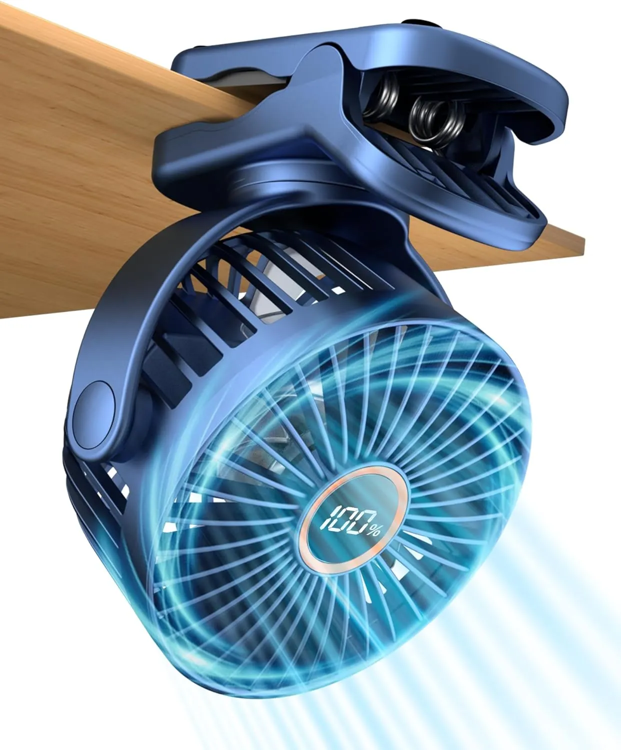 Portable Mini Fan Rechargeable Battery Powered, Small Stroller Fan for Desk, Strong Clamp Grip, 360 Rotation, 3-Speed, LED Display, Personal Clip On Cooler for Bed, Golf Cart, Office, Blue Battery-powered portable fan