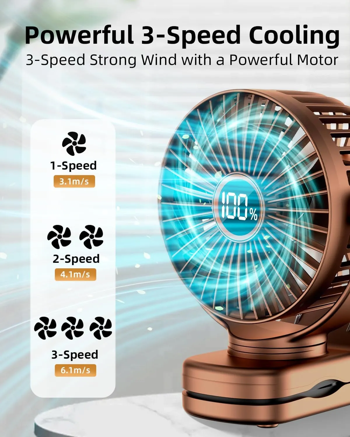 Portable Mini Fan Rechargeable Battery Powered, Small Stroller Fan for Desk, Strong Clamp Grip, 360 Rotation, 3-Speed, LED Display, Personal Clip On Cooler for Bed, Golf Cart, Office, Brown