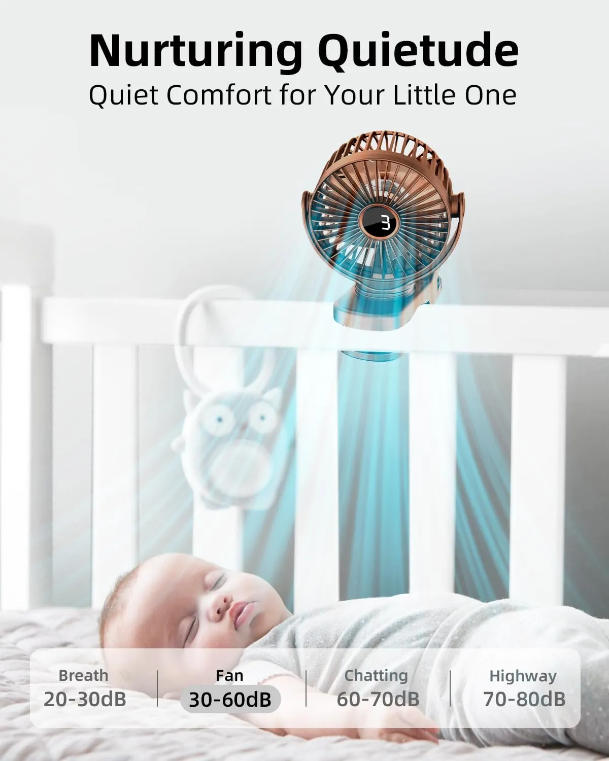 Portable Mini Fan Rechargeable Battery Powered, Small Stroller Fan for Desk, Strong Clamp Grip, 360 Rotation, 3-Speed, LED Display, Personal Clip On Cooler for Bed, Golf Cart, Office, Brown