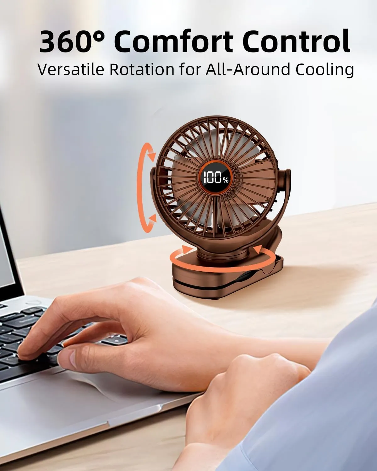Portable Mini Fan Rechargeable Battery Powered, Small Stroller Fan for Desk, Strong Clamp Grip, 360 Rotation, 3-Speed, LED Display, Personal Clip On Cooler for Bed, Golf Cart, Office, Brown
