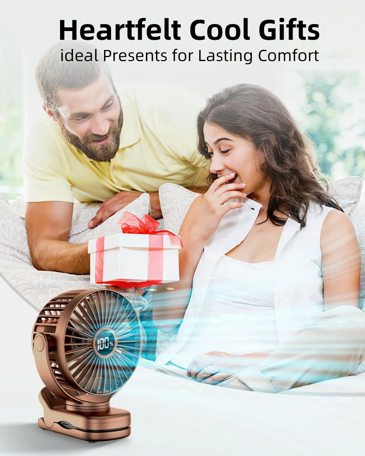 Portable Mini Fan Rechargeable Battery Powered, Small Stroller Fan for Desk, Strong Clamp Grip, 360 Rotation, 3-Speed, LED Display, Personal Clip On Cooler for Bed, Golf Cart, Office, Brown