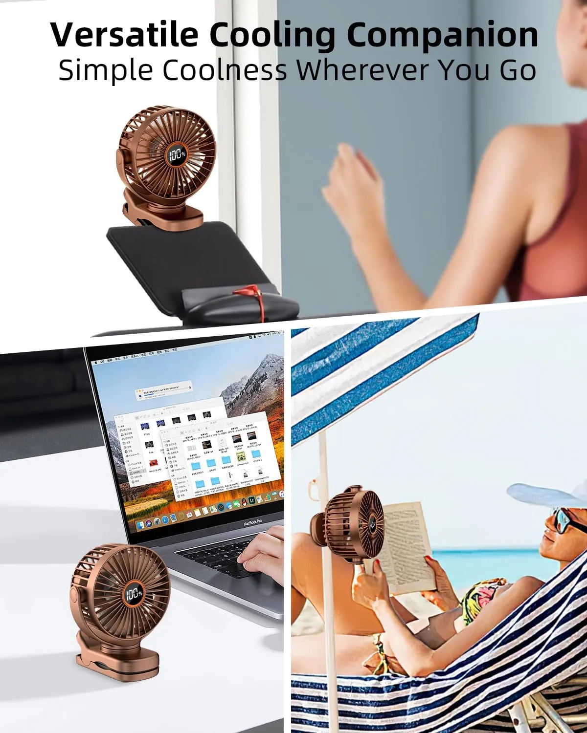 Portable Mini Fan Rechargeable Battery Powered, Small Stroller Fan for Desk, Strong Clamp Grip, 360 Rotation, 3-Speed, LED Display, Personal Clip On Cooler for Bed, Golf Cart, Office, Brown