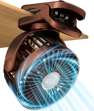 Portable Mini Fan Rechargeable Battery Powered, Small Stroller Fan for Desk, Strong Clamp Grip, 360 Rotation, 3-Speed, LED Display, Personal Clip On Cooler for Bed, Golf Cart, Office, Brown Battery-powered portable fan