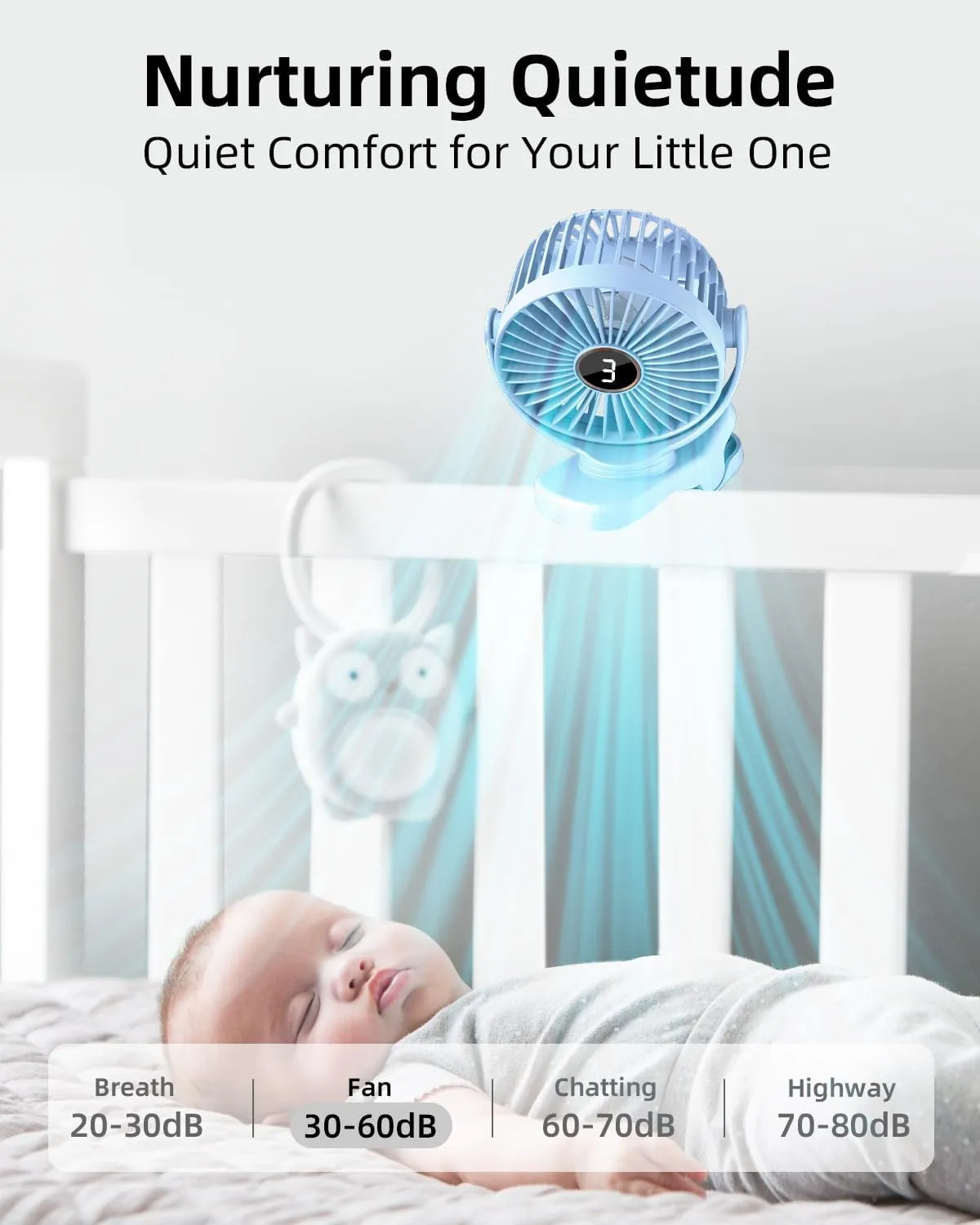 Portable Mini Fan Rechargeable Battery Powered, Small Stroller Fan for Desk, Strong Clamp Grip, 360 Rotation, 3-Speed, LED Display, Personal Clip On Cooler for Bed, Golf Cart, Office, Light Blue