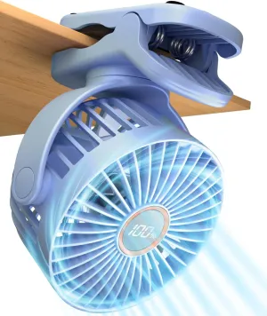 Portable Mini Fan Rechargeable Battery Powered, Small Stroller Fan for Desk, Strong Clamp Grip, 360 Rotation, 3-Speed, LED Display, Personal Clip On Cooler for Bed, Golf Cart, Office, Light Blue Battery-powered portable fan