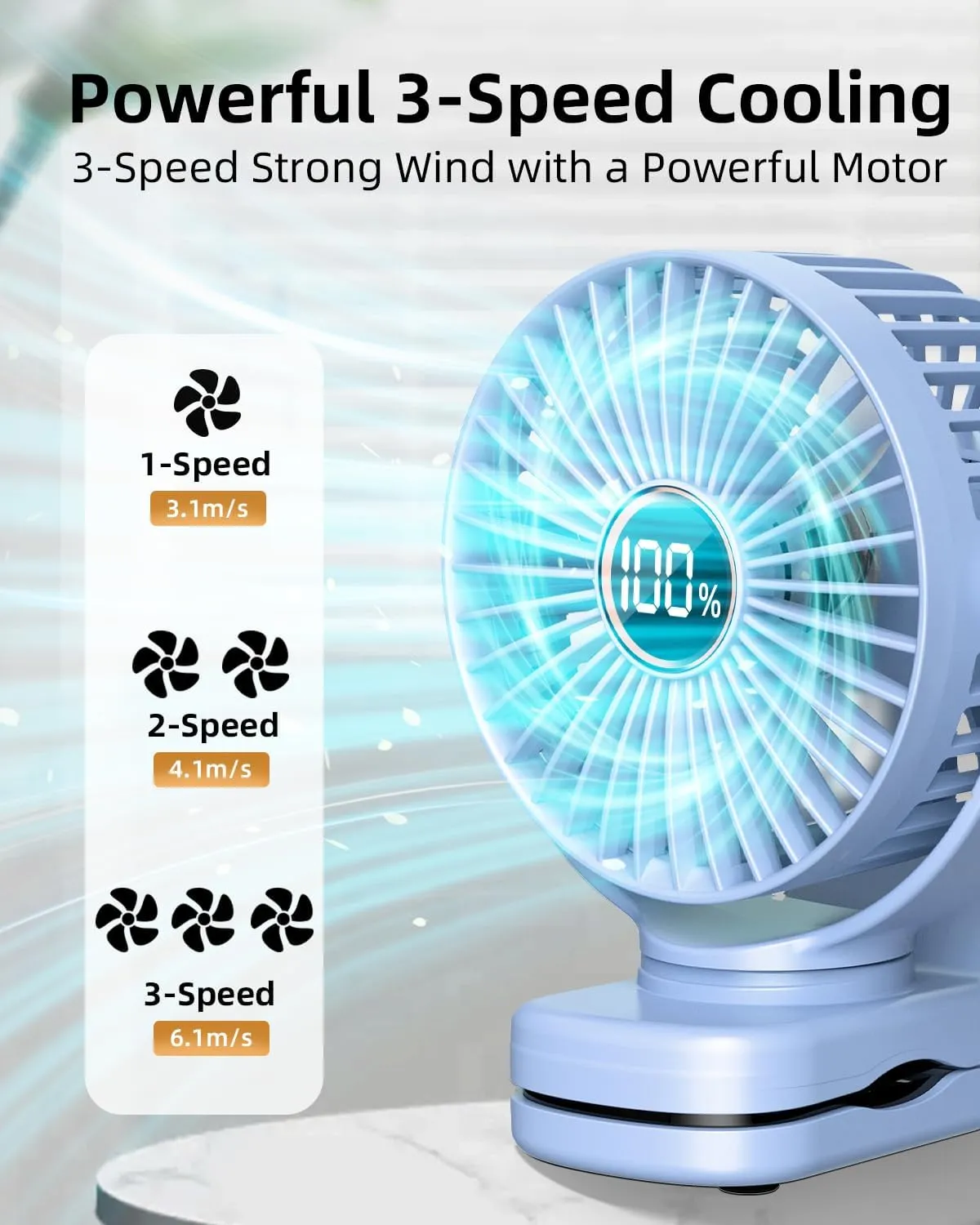 Portable Mini Fan Rechargeable Battery Powered, Small Stroller Fan for Desk, Strong Clamp Grip, 360 Rotation, 3-Speed, LED Display, Personal Clip On Cooler for Bed, Golf Cart, Office, Light Blue