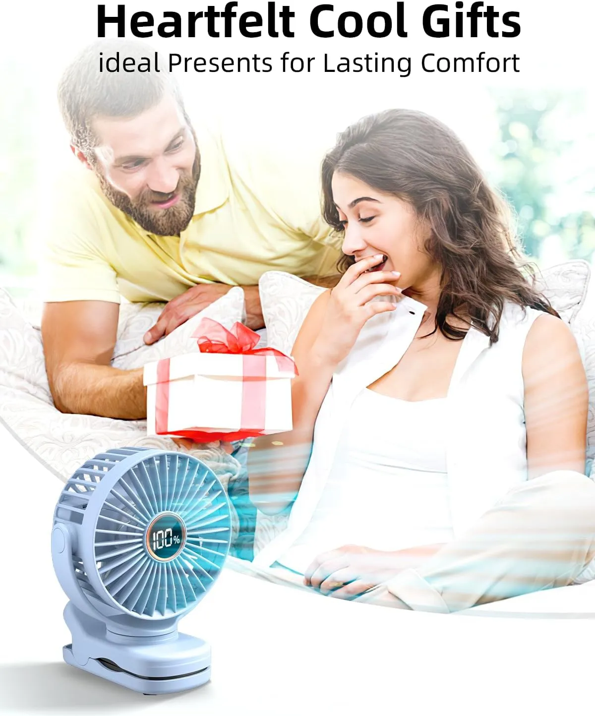 Portable Mini Fan Rechargeable Battery Powered, Small Stroller Fan for Desk, Strong Clamp Grip, 360 Rotation, 3-Speed, LED Display, Personal Clip On Cooler for Bed, Golf Cart, Office, Light Blue